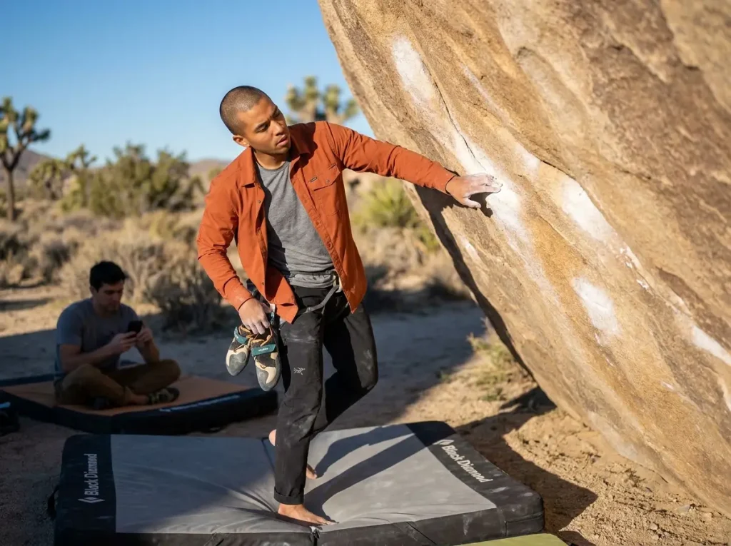 Boulderer studying arete problem holds before climbing