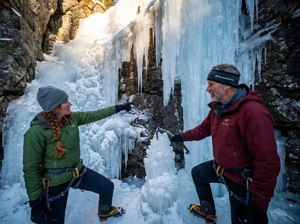 Two climbers studying a frozen waterfall discussing the route from below