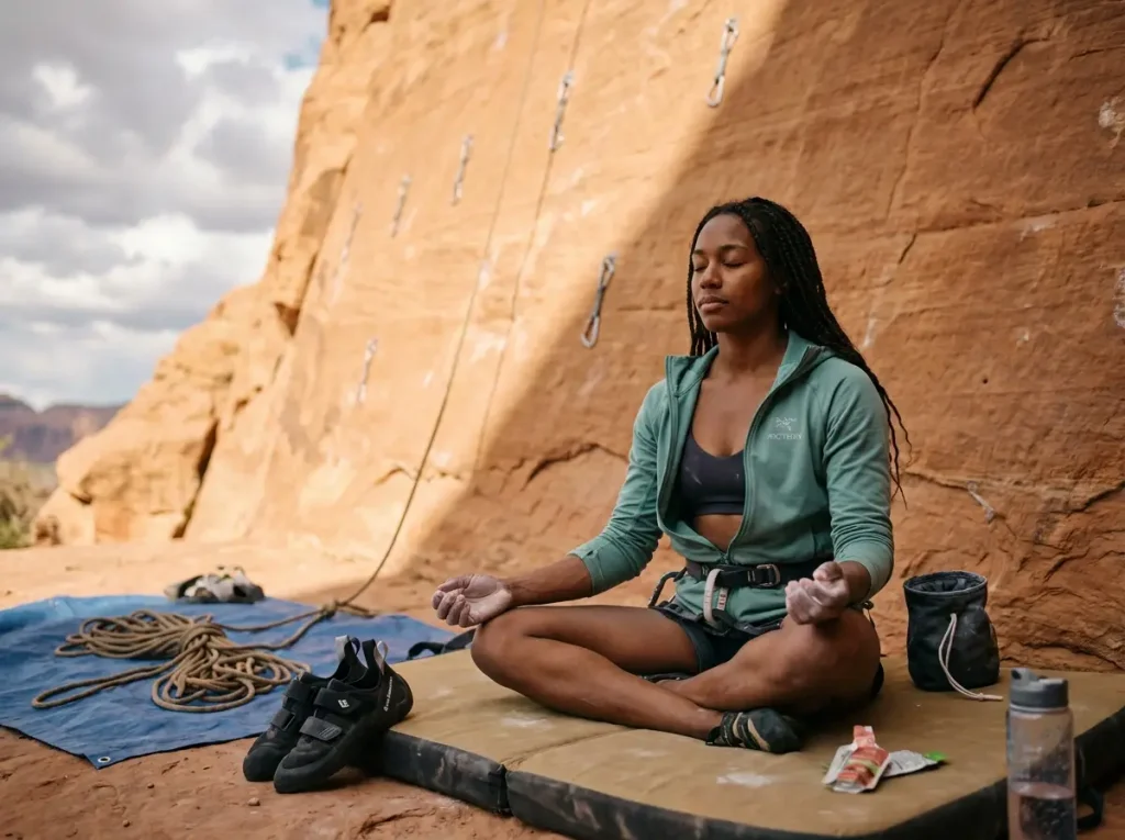 Climber sitting at crag base visualizing route before redpoint attempt