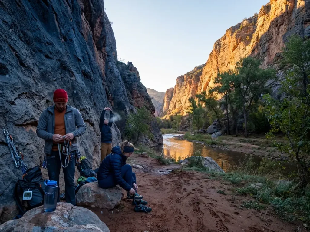 Morning light entering Rifle Mountain Park canyon with climbers gearing up in shade
