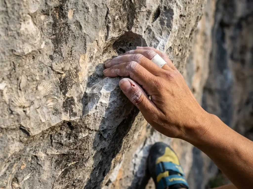 Close-up of climber's hand gripping sharp limestone pocket hold at Rifle Colorado