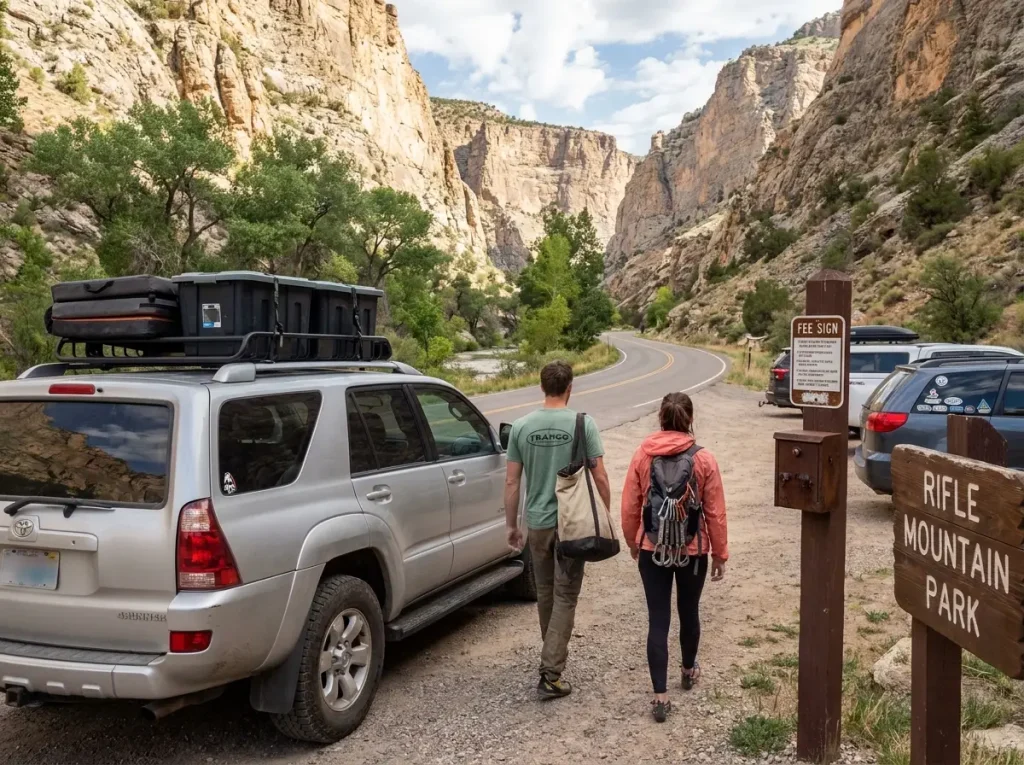 Vehicle parked at Rifle Mountain Park entrance with climbing gear visible