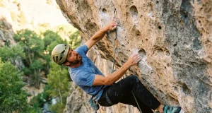 Why Rifle Routes Feel Two Grades Harder Than They Are Sport climber clipping quickdraw on overhanging limestone at Rifle Mountain Park Colorado