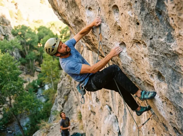 rifle-mountain-park-sport-climbing-hero Sport climber clipping quickdraw on overhanging limestone at Rifle Mountain Park Colorado