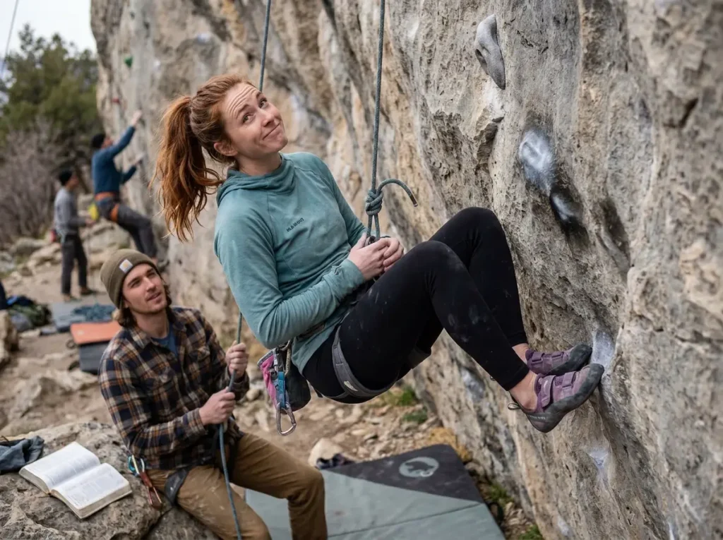 Frustrated climber hanging on rope studying polished limestone holds at Rifle