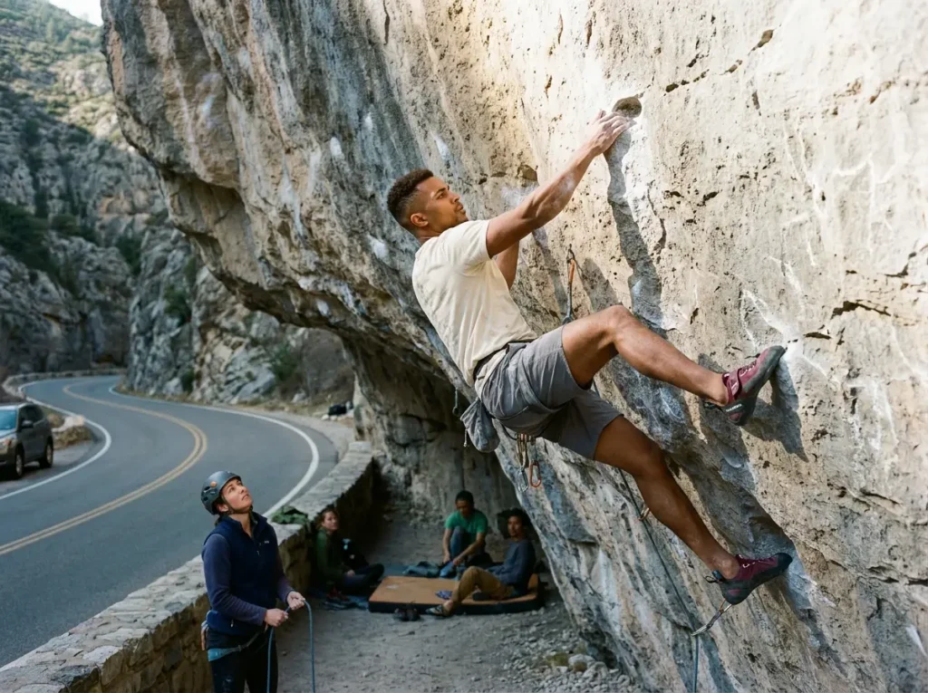 Climber on Project Wall classic route at Rifle Mountain Park with belayer below