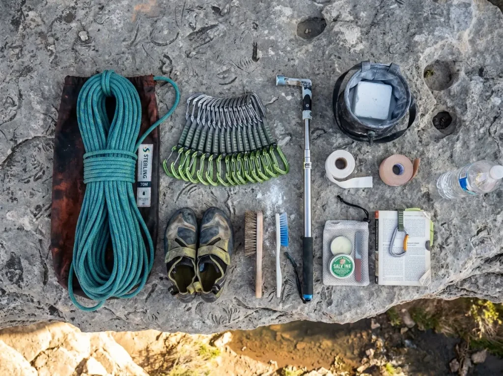 Sport climbing gear laid out on limestone ledge at Rifle Mountain Park