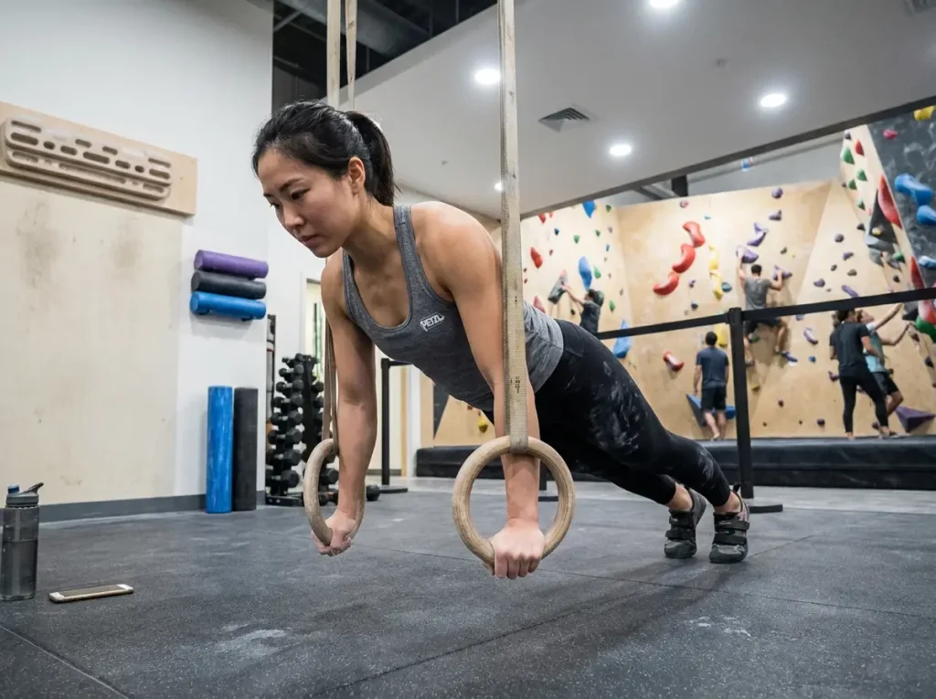 Climber doing ring push-ups for compression climbing training
