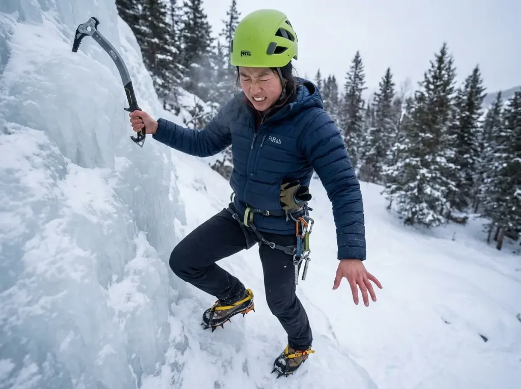Ice climber shaking out arms at a rest stance to prevent screaming barfies