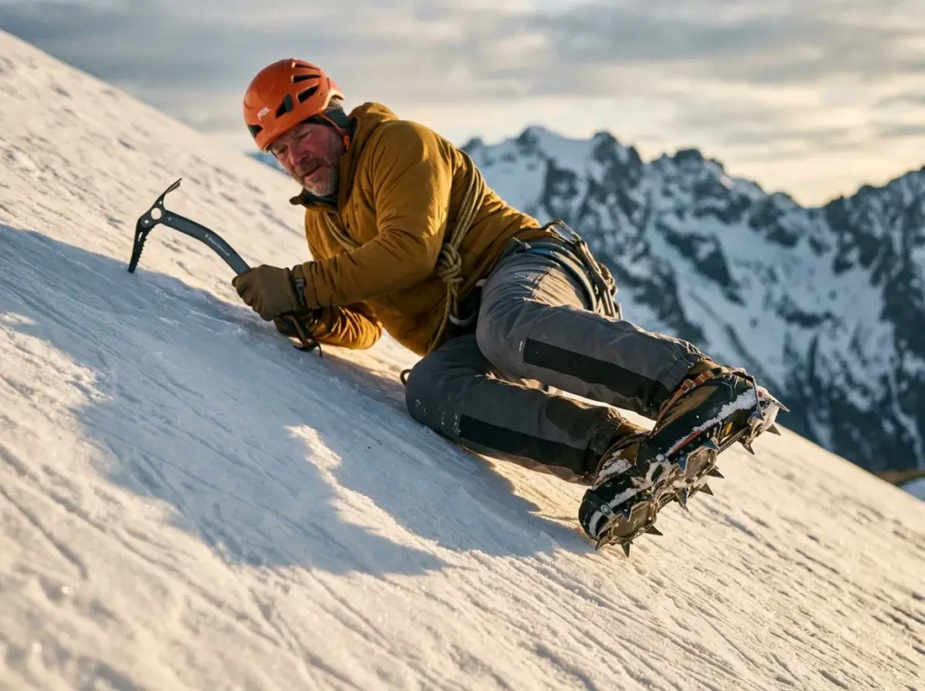 Mountaineer self-arresting with crampons on, knees bent and spiked boots held off the snow