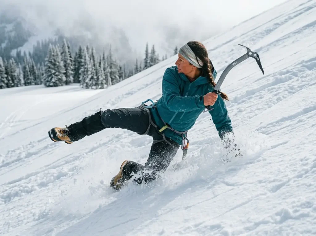 Climber rotating from a head-first slide into a feet-down ice axe self-arrest on snow