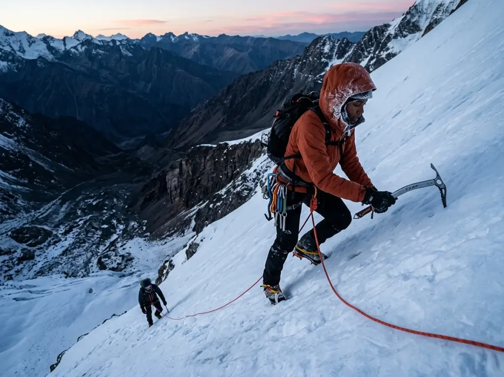 Roped climbers crossing a steep hard snow slope above a rocky runout where self-arrest is unreliable