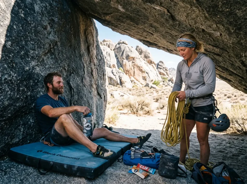 Climber resting in shade of granite spire during hot afternoon City of Rocks