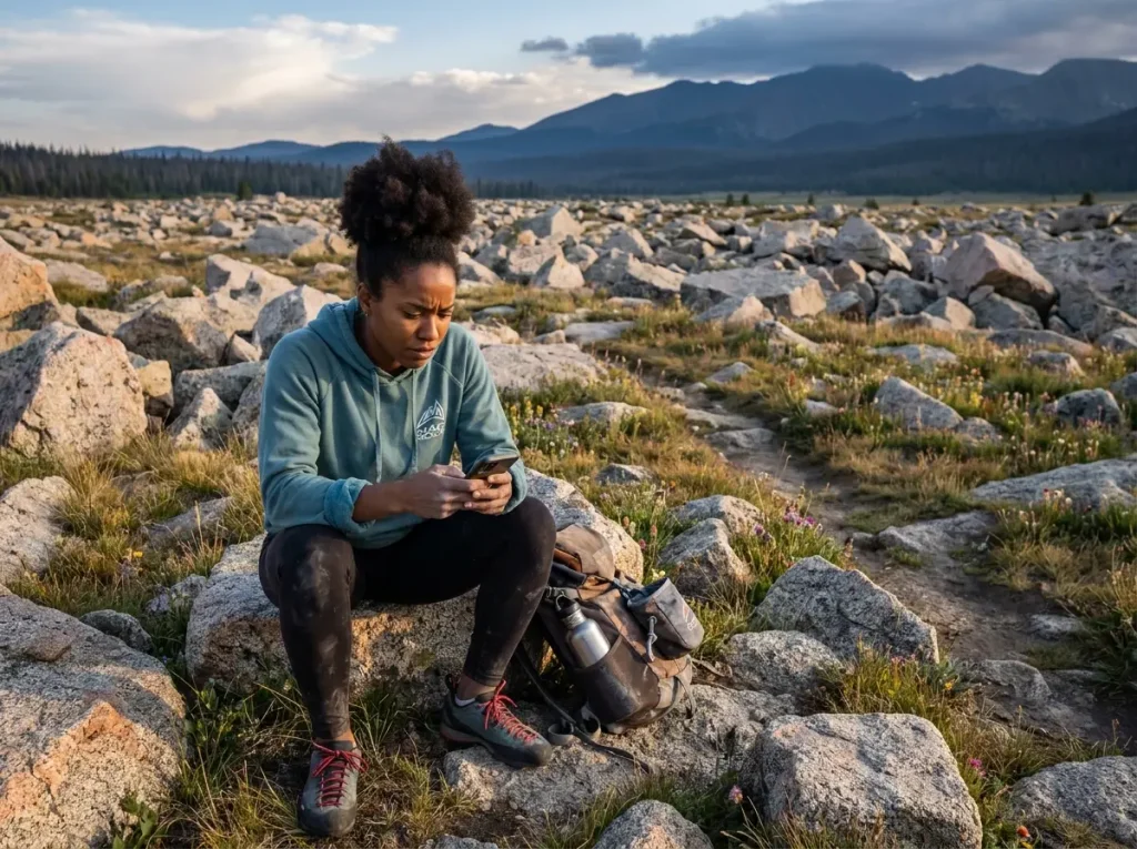 Solo climber sitting alone at remote boulder field with no gear or pads visible