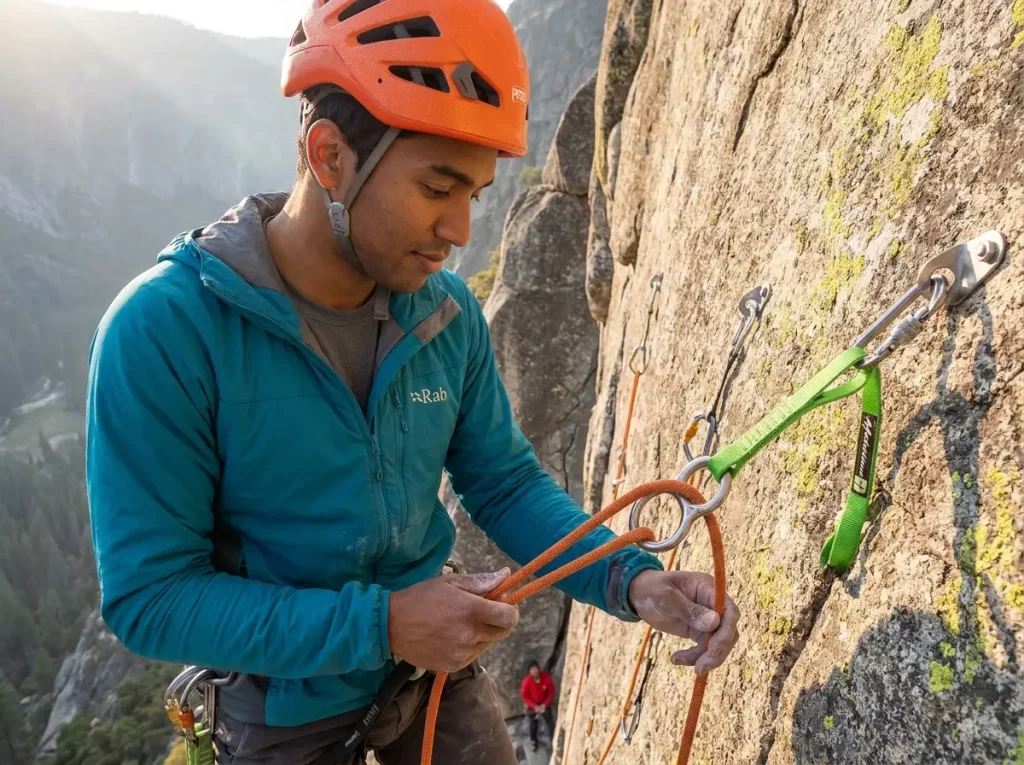 Climber at sport climbing anchors learning to clean and thread a lowering setup