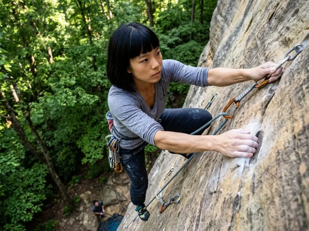 Sport climber clipping quickdraw on steep sandstone route at Red River Gorge