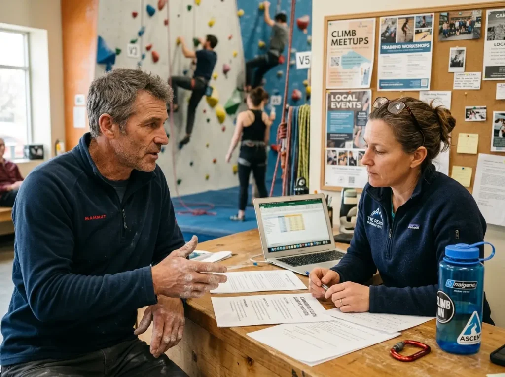 Climber presenting access program proposal to gym owner at front desk