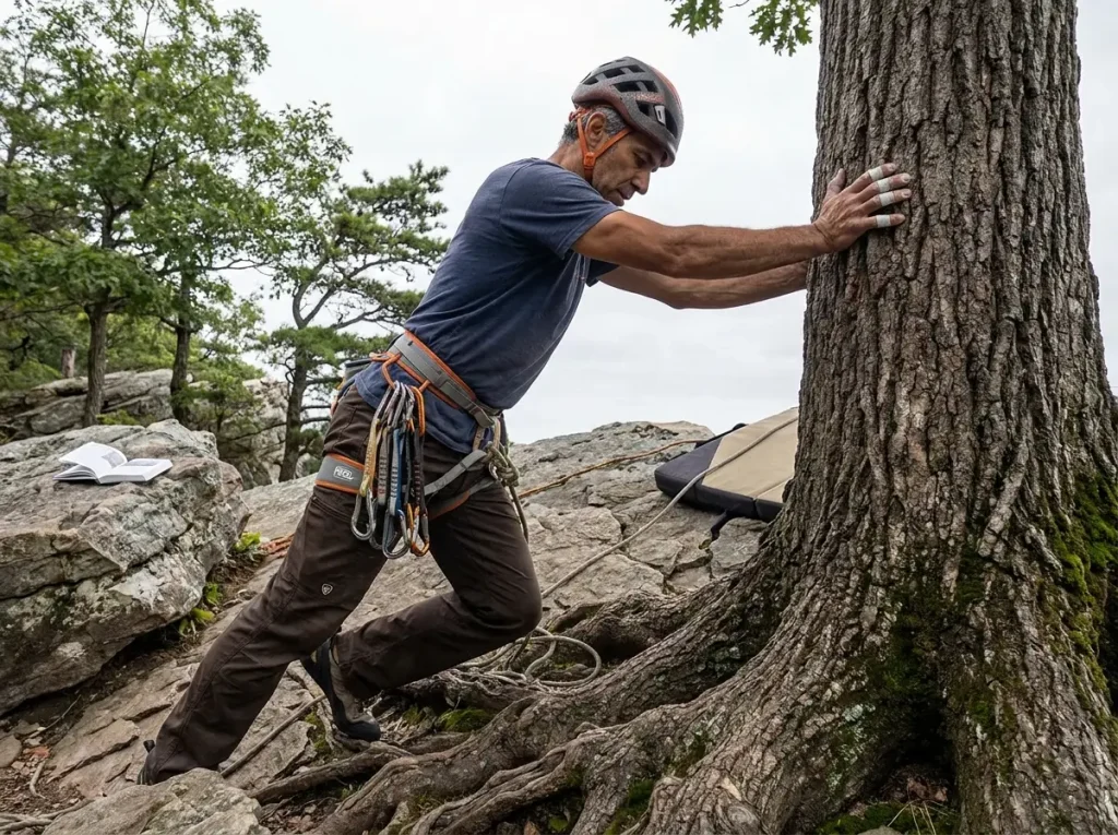Climber pushing against tree trunk to test stability for anchor