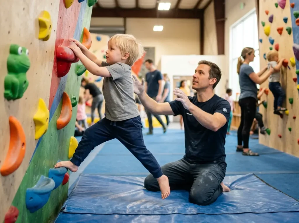 Toddler exploring low bouldering wall at climbing gym with parent spotting