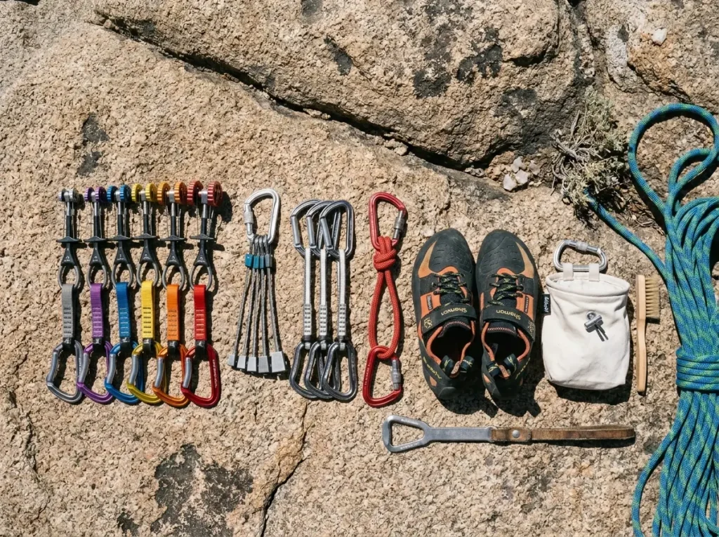 Trad climbing rack and gear laid out on granite slab City of Rocks