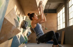 Why Volumes Won’t Replace Your Training Board Climber training on hangboard next to colorful gym volumes on wall