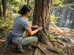 Why Your Tree Anchor Might Not Hold a Lead Fall Climber wrapping cordelette around large tree trunk for climbing anchor