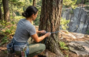 Why Your Tree Anchor Might Not Hold a Lead Fall Climber wrapping cordelette around large tree trunk for climbing anchor