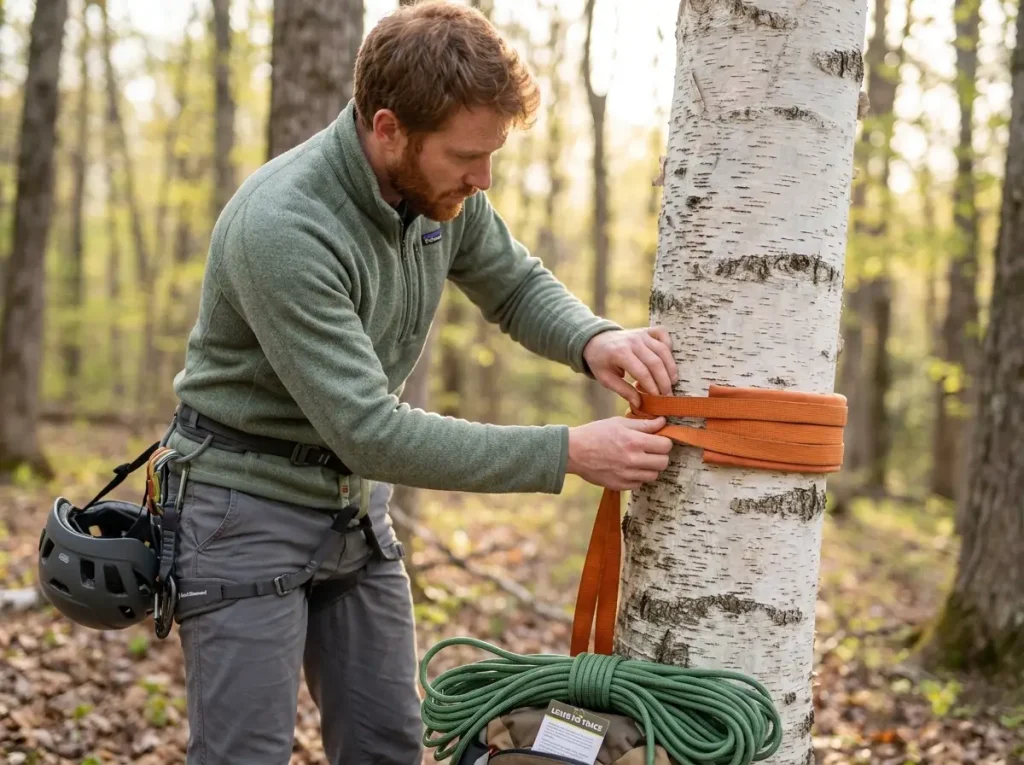 Climber padding tree trunk with webbing before wrapping anchor sling
