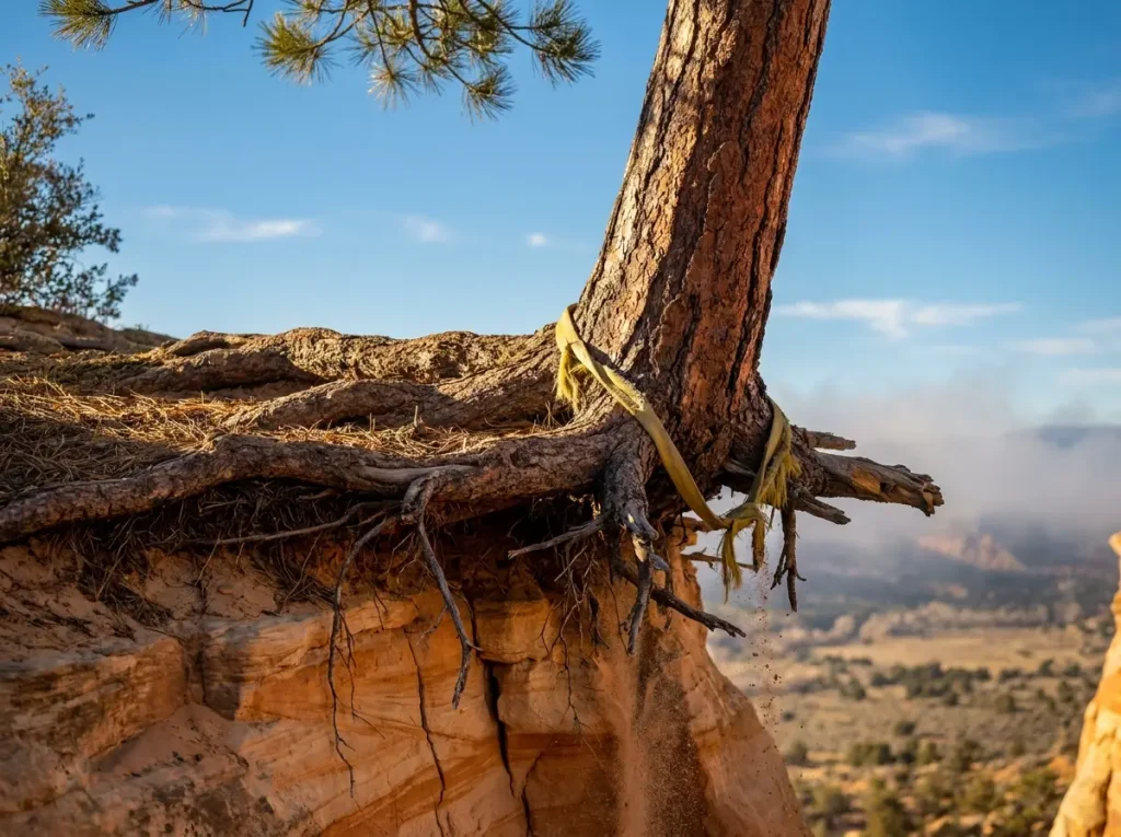 Close-up of tree root system exposed on cliff edge showing shallow roots