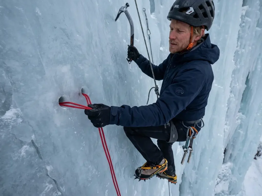 Climber threading a V-thread anchor on ice for emergency rappel escape