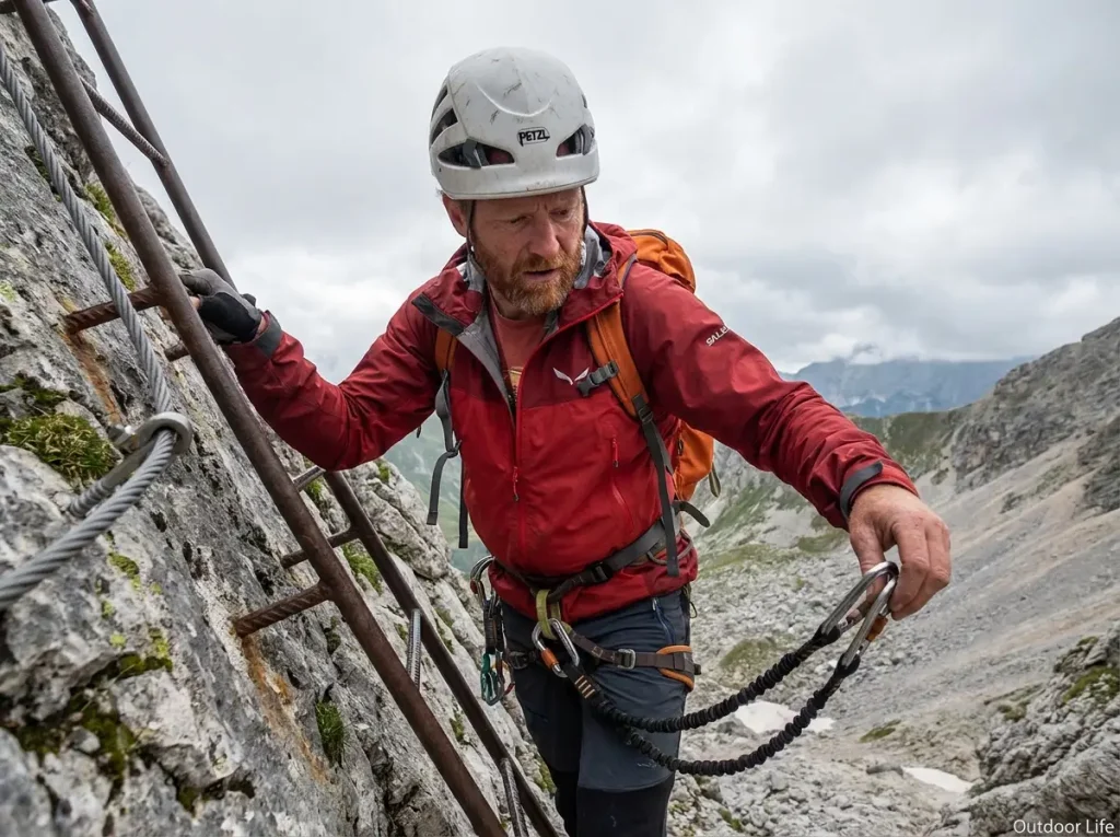 Climber with both via ferrata carabiners unclipped making a hazardous error