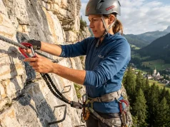 Via Ferrata Gear Setup the Guide Books Leave Out Climber clipping via ferrata lanyard onto steel cable in the Dolomites