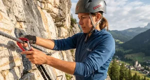 Via Ferrata Gear Setup the Guide Books Leave Out Climber clipping via ferrata lanyard onto steel cable in the Dolomites