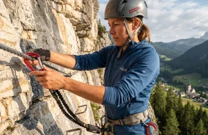 Via Ferrata Gear Setup the Guide Books Leave Out Climber clipping via ferrata lanyard onto steel cable in the Dolomites