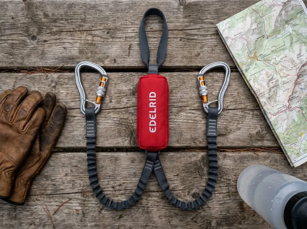 Via ferrata Y-lanyard laid out showing energy absorber and two carabiner arms
