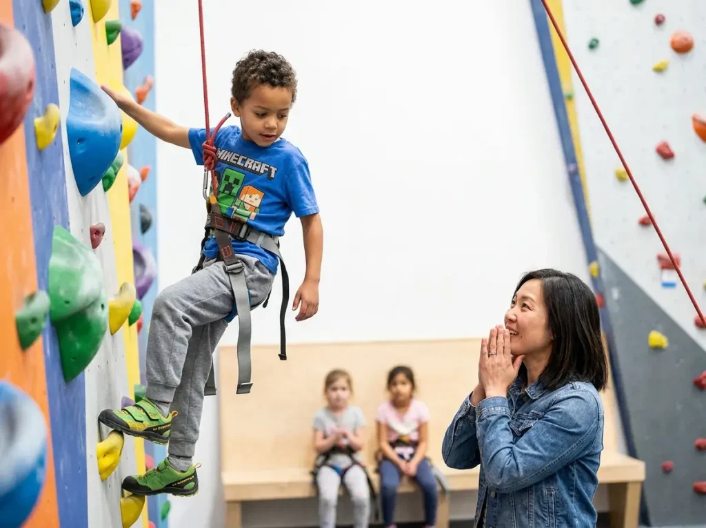 Young child on auto-belay reaching for holds with parent watching below