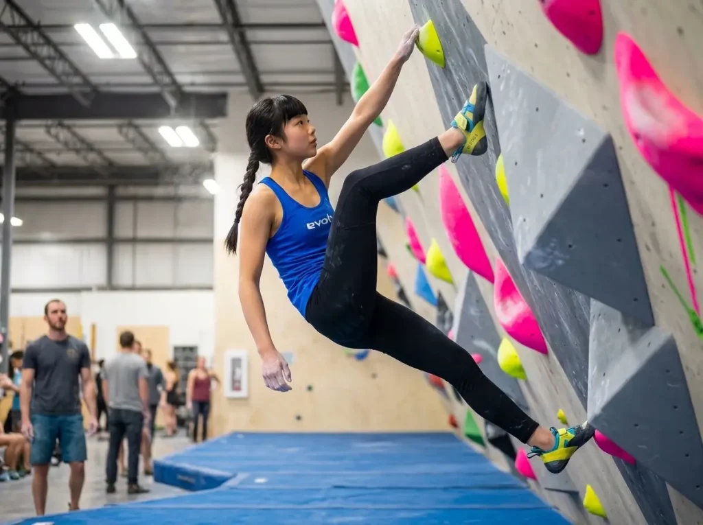 Young climber demonstrating extreme flexibility on steep climbing wall problem