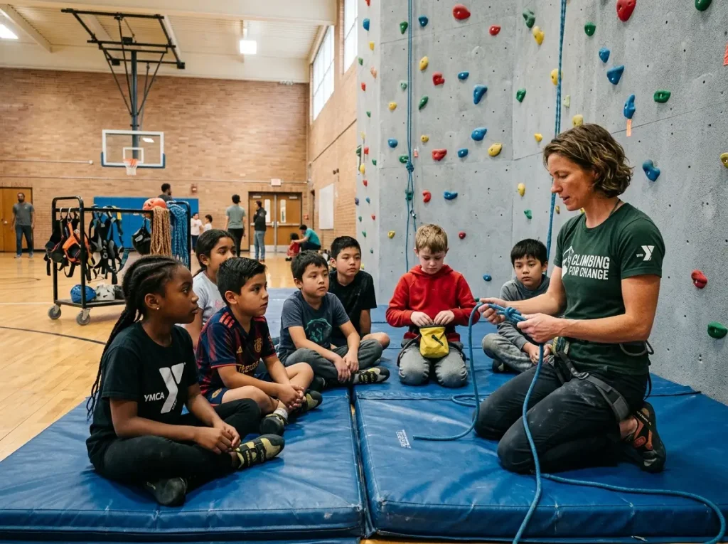 Volunteer coach teaching kids climbing technique at recreation center wall