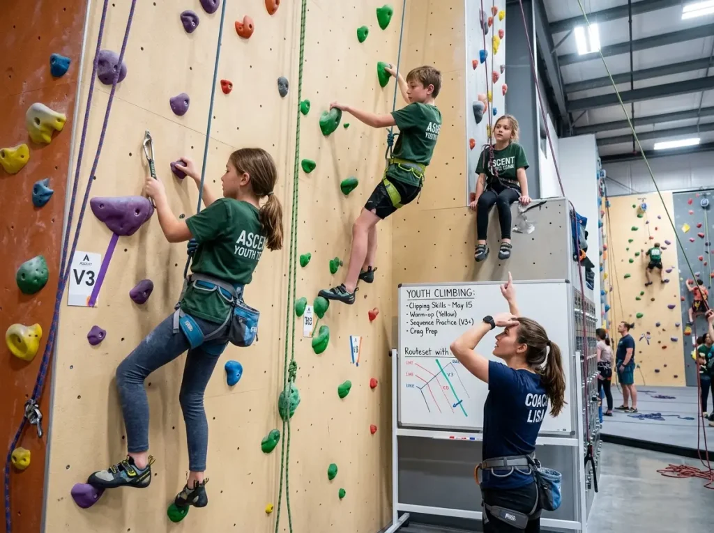 Youth climbing team kids on wall with instructor coaching from below