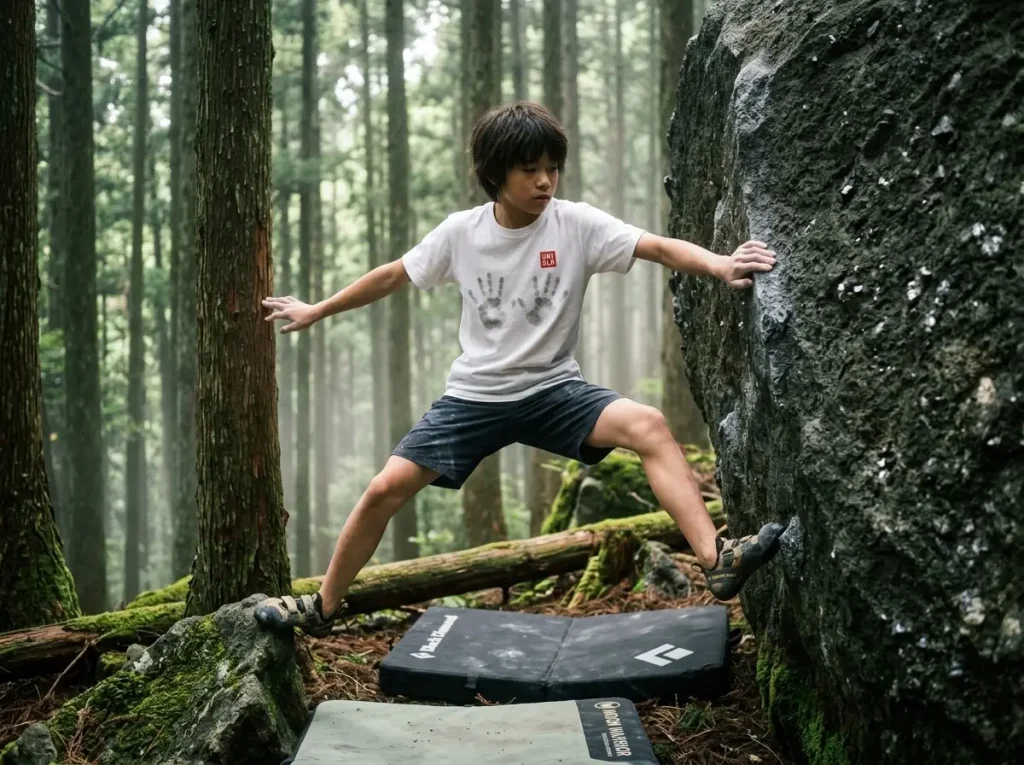 Young Japanese climber working powerful boulder moves on volcanic rock in forest