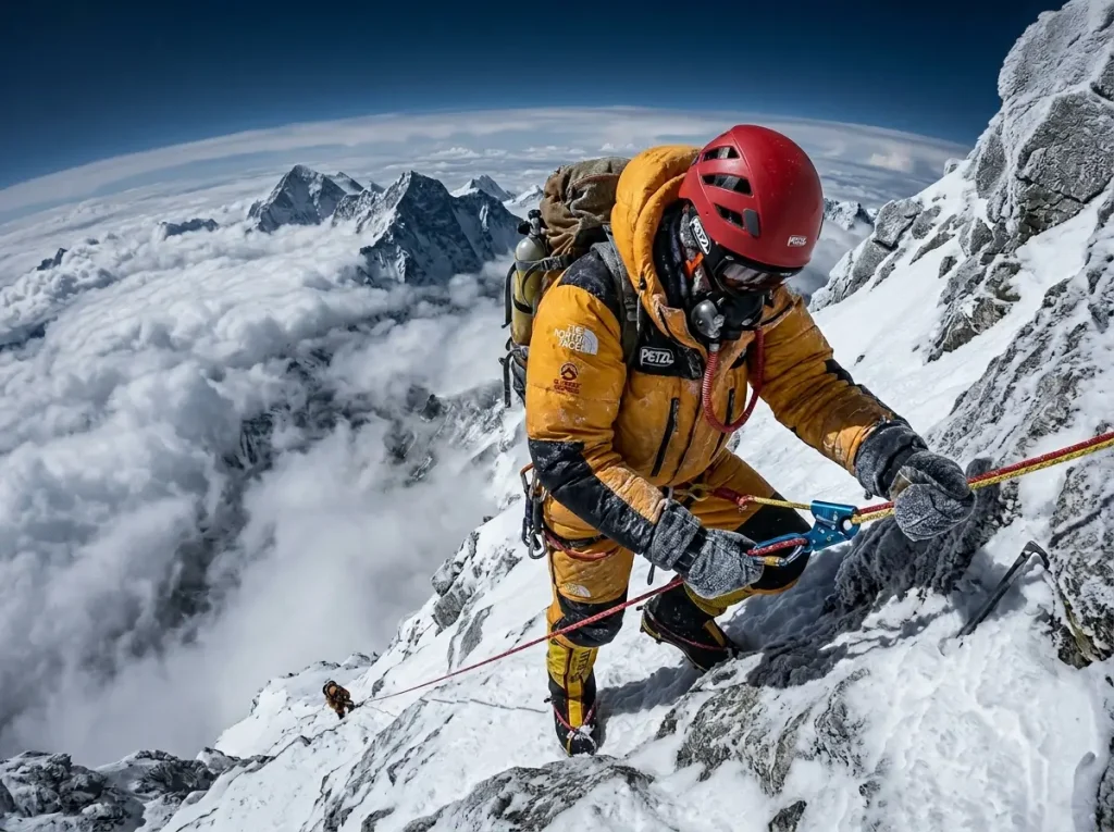 Climber on fixed ropes high on an 8000er Himalayan face using supplemental oxygen
