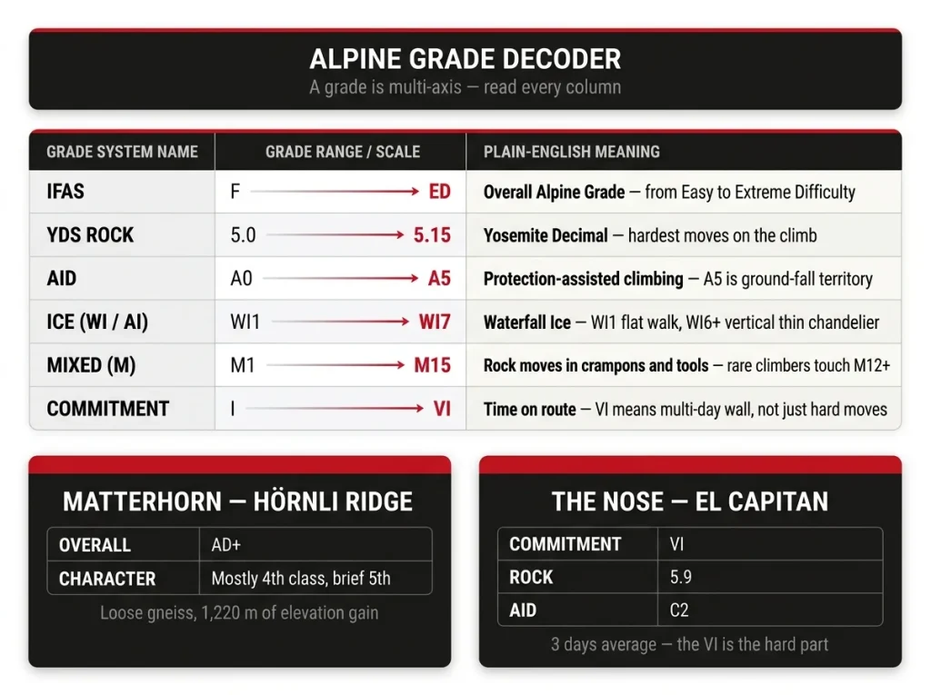 Grade decoder infographic showing 6 climbing grade axes with plain-English descriptions and two worked examples for Matterhorn and The Nose