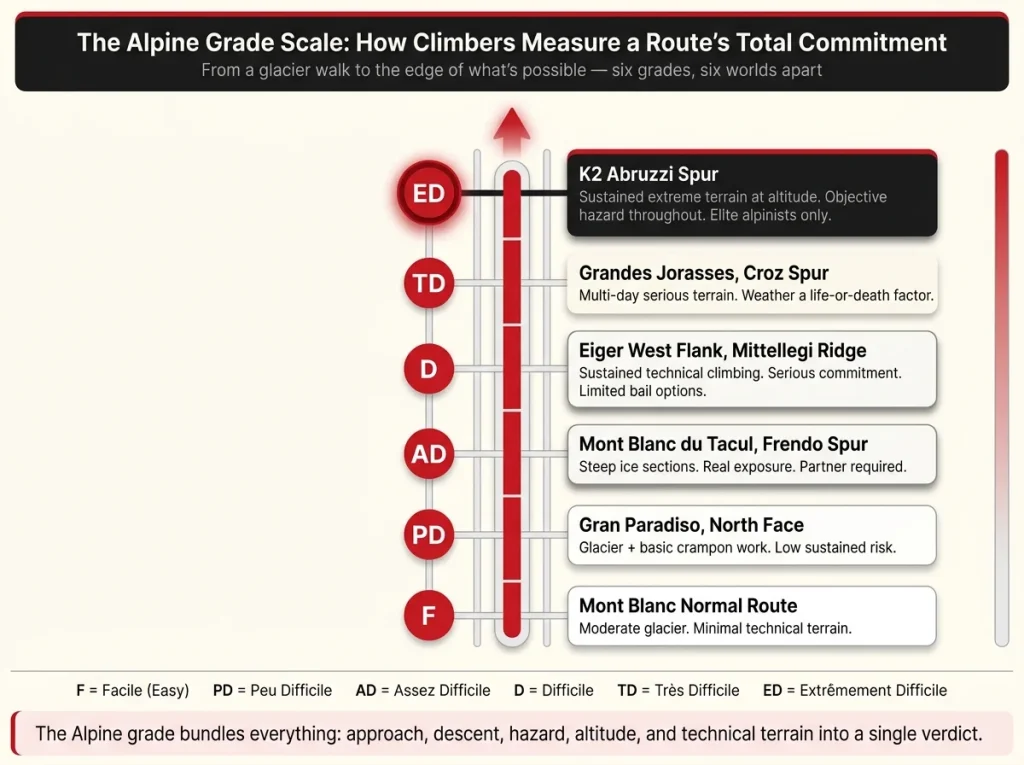 Vertical difficulty ladder infographic showing Alpine grades F through ED with real route examples pinned to each rung and labeled difficulty descriptors