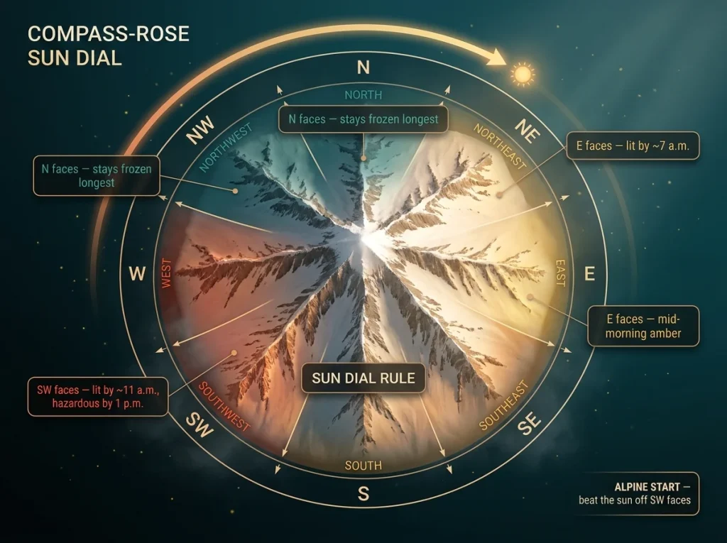 Overhead compass diagram of a peak with labeled slope faces and color-coded sun-exposure times showing alpine start logic