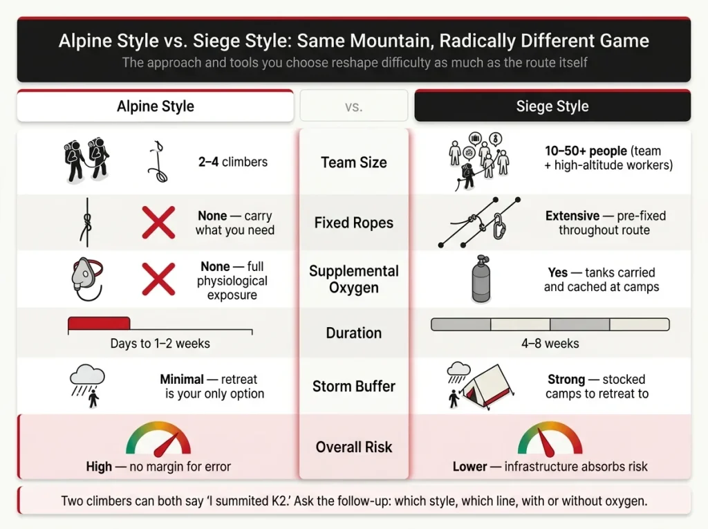 Side-by-side comparison infographic of Alpine Style vs Siege Style climbing with rows for team size, fixed ropes, oxygen, duration, storm buffer, and overall risk