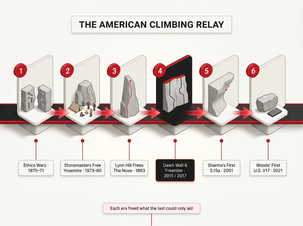 Timeline infographic showing American climbing eras from Robbins-Harding ethics wars to Woods V17 with milestone markers