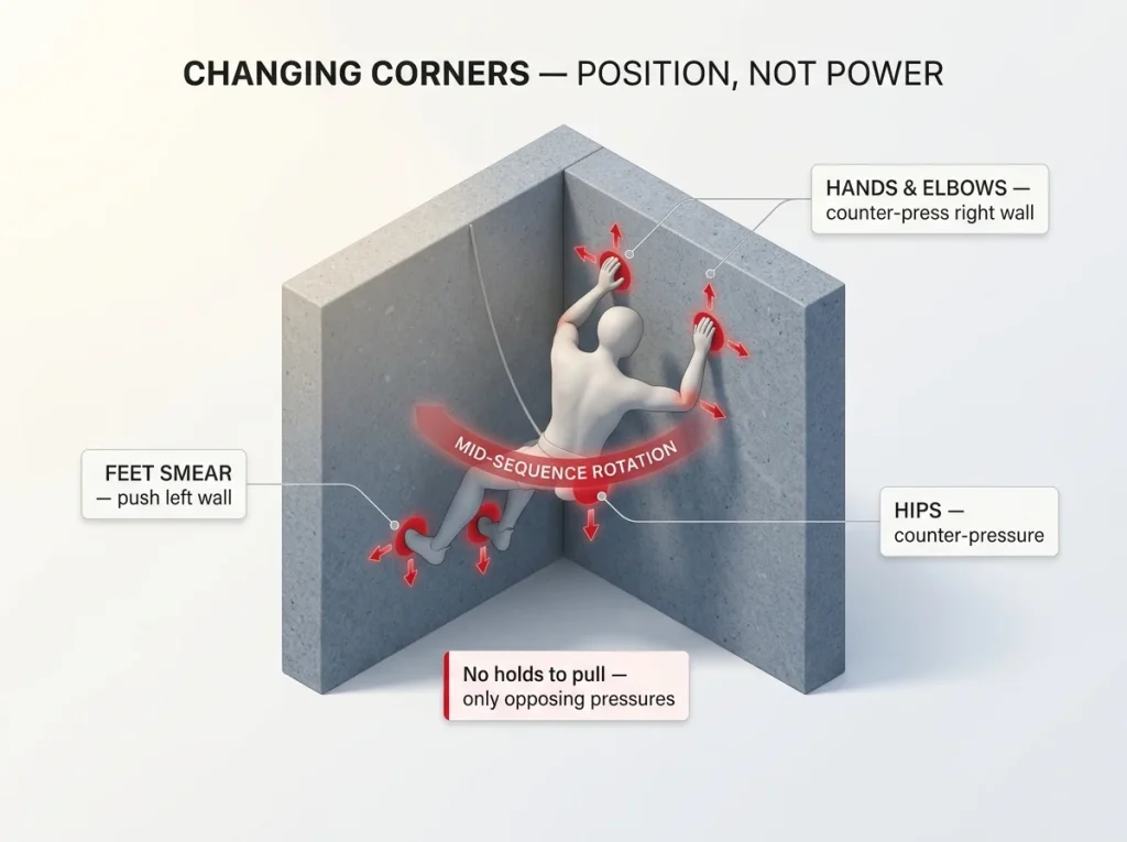 Body-mechanics diagram of Changing Corners showing opposing-pressure points at feet, hands, hips and mid-sequence rotation