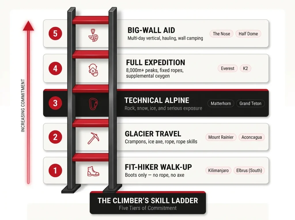 Infographic showing 5-tier climber skill ladder with labeled rungs, skill requirements, and example peaks per tier