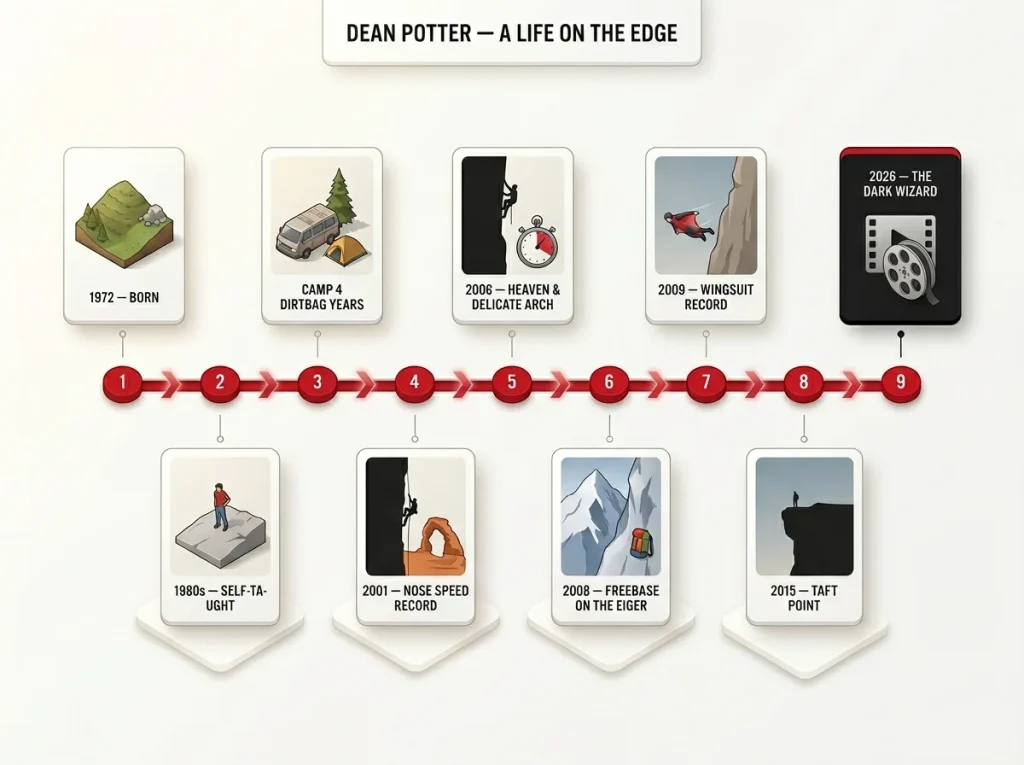 Timeline infographic showing Dean Potter's climbing milestones from 1972 birth to the 2026 Dark Wizard release with year markers