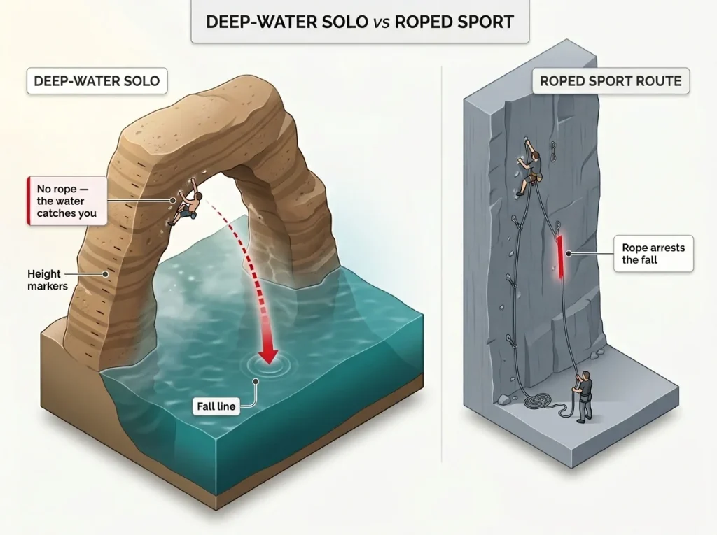 Annotated diagram comparing a deep-water solo line over the sea with a roped sport route, with fall line and height markers